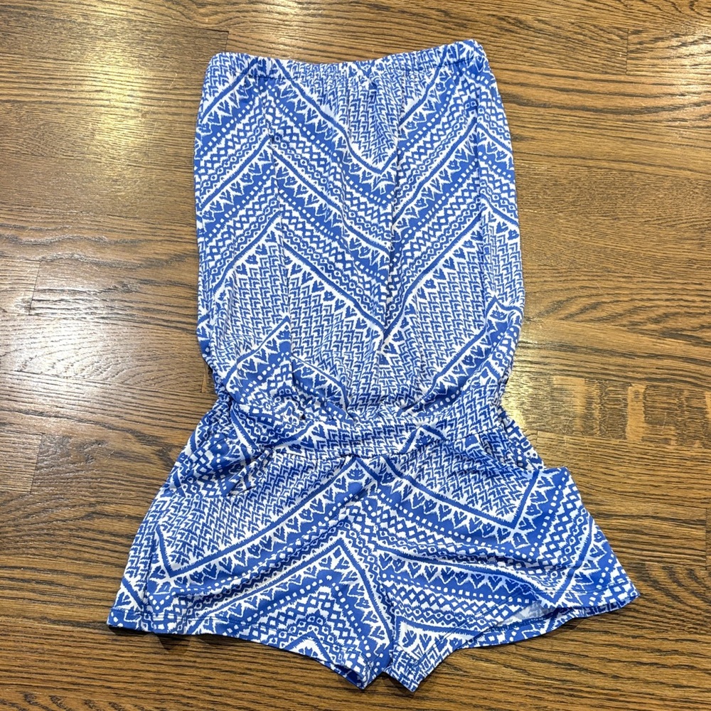 Tori Richard Honolulu Blue and White Patterned Strapless Romper, pockets, XXS